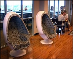 Stylized chairs and teens in Teen Room.