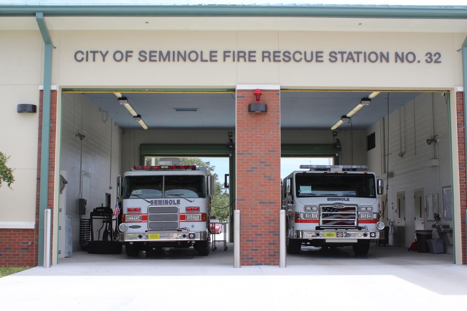 Front Faade at Seminole Fire Rescue Station 32 with Fire Trucks