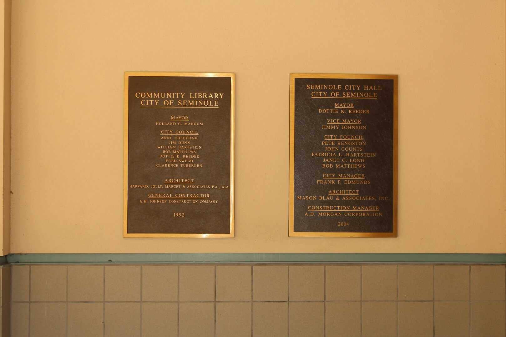 Dedication Plaques outside of City Hall for Library and City Hall
